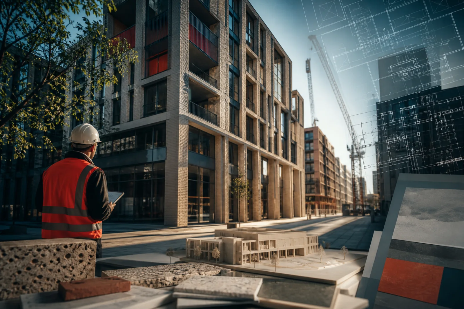 Contemporary property development, construction planning and architectural material details