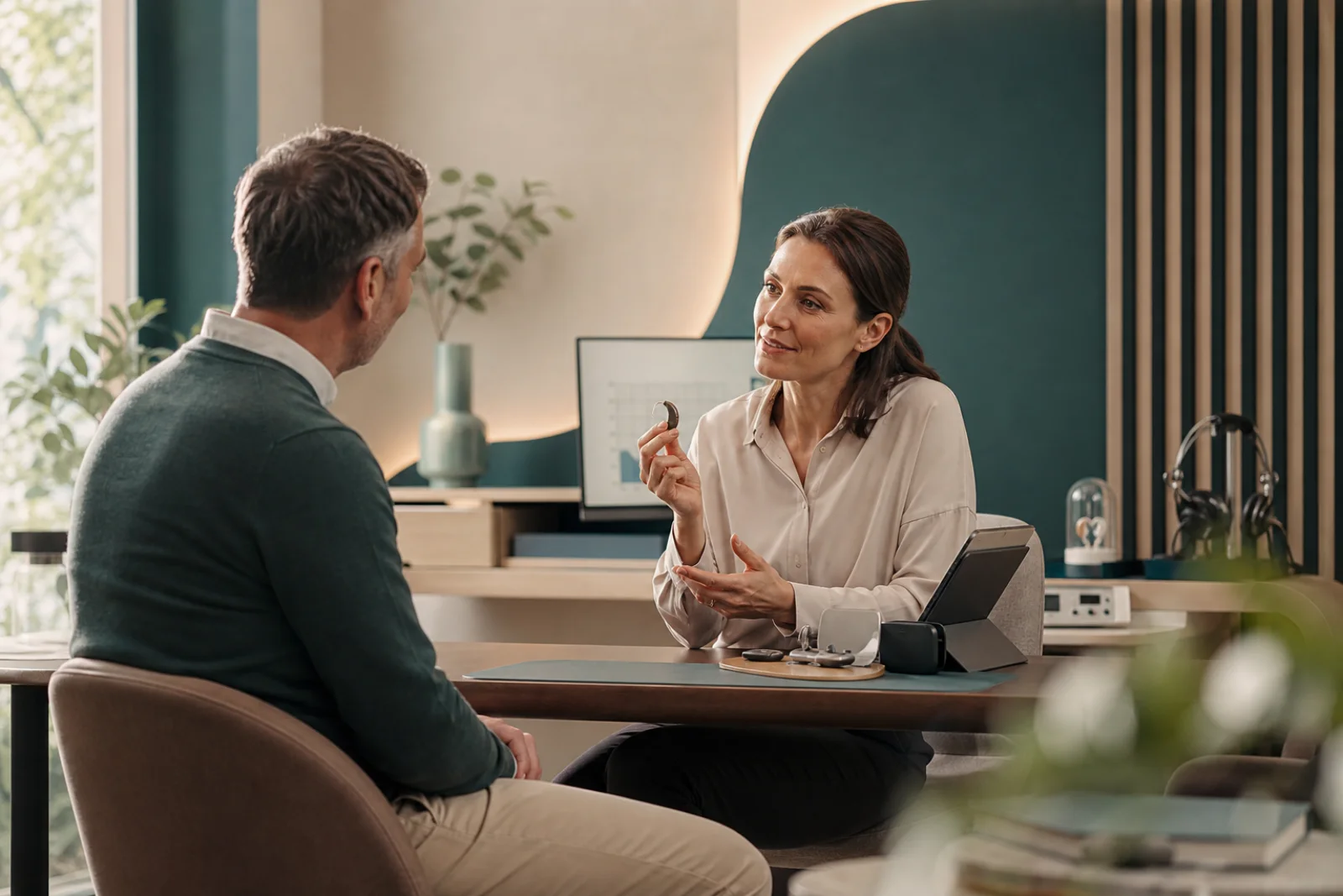 Audiology clinician discussing hearing technology with a patient in a calm consultation space