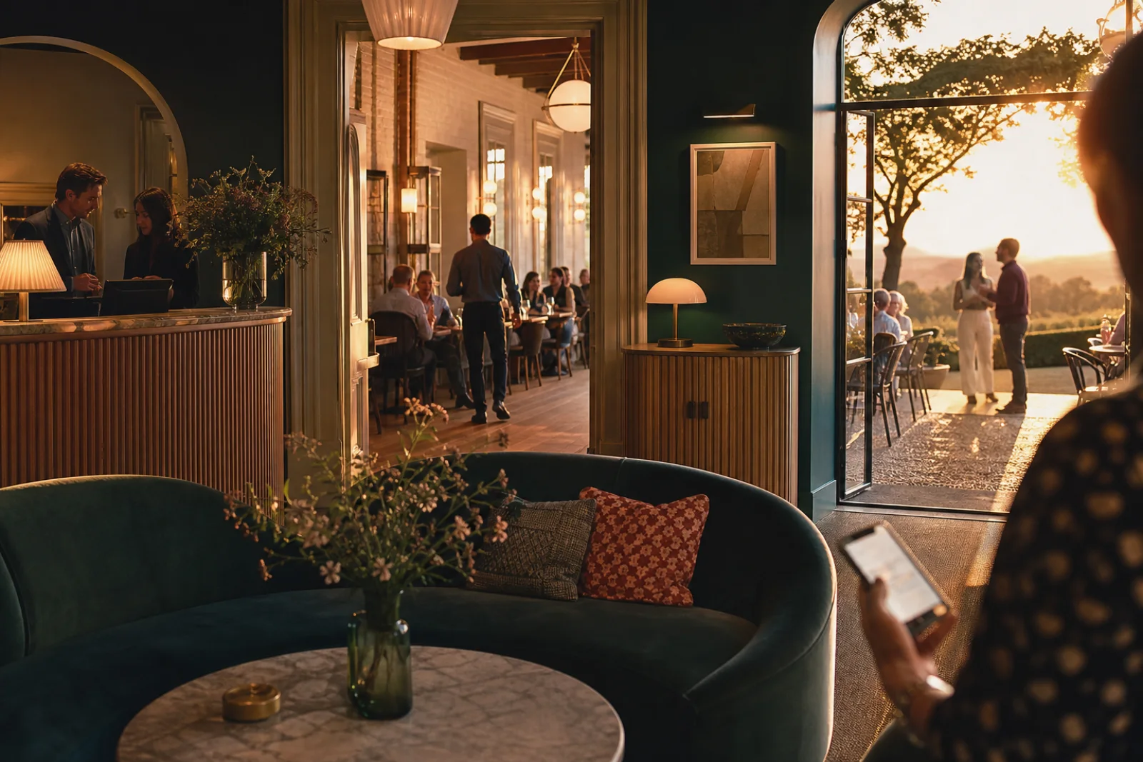 Boutique hospitality venue at golden hour with guests, dining and direct booking activity