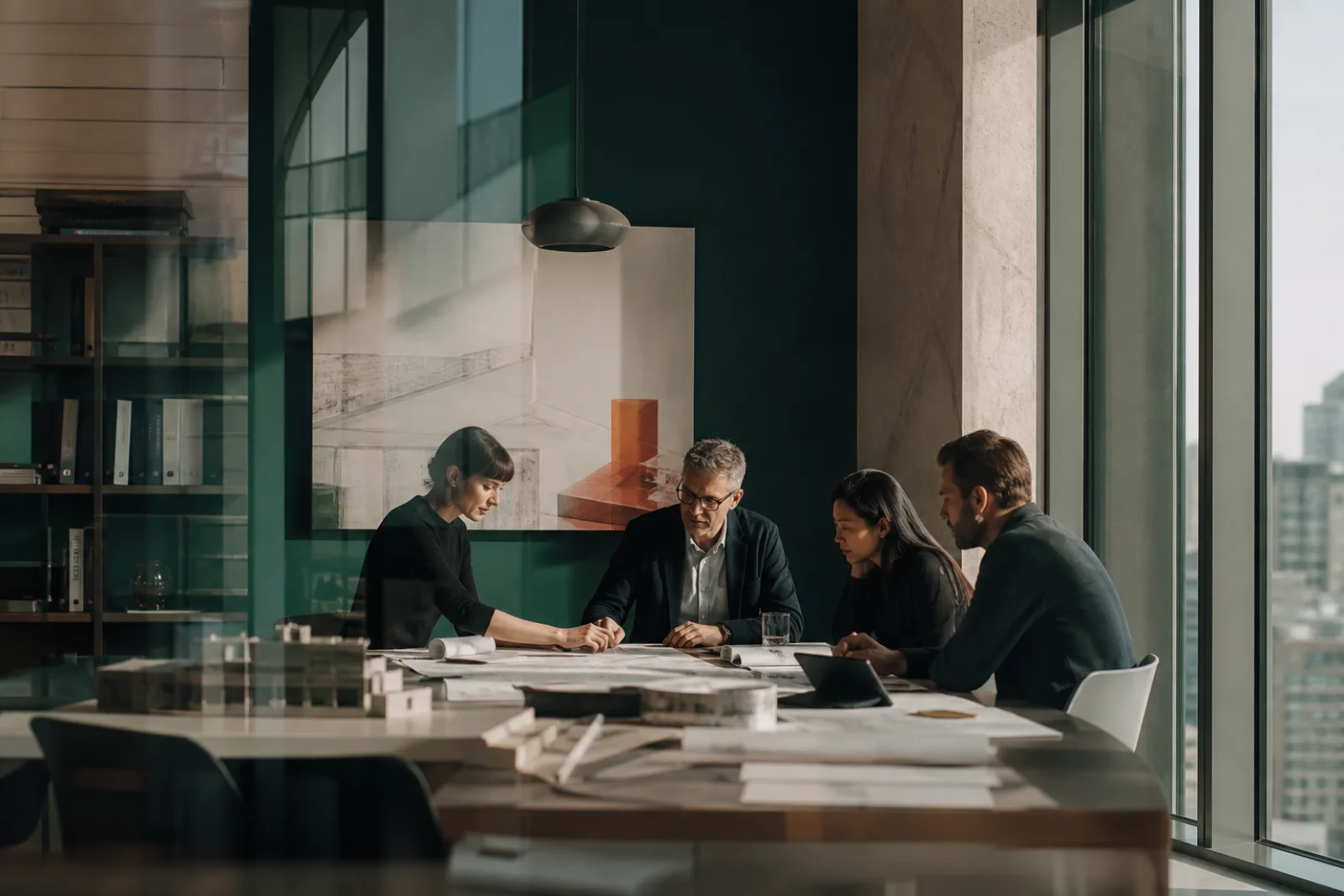 Senior professional services team discussing a complex project in a contemporary studio