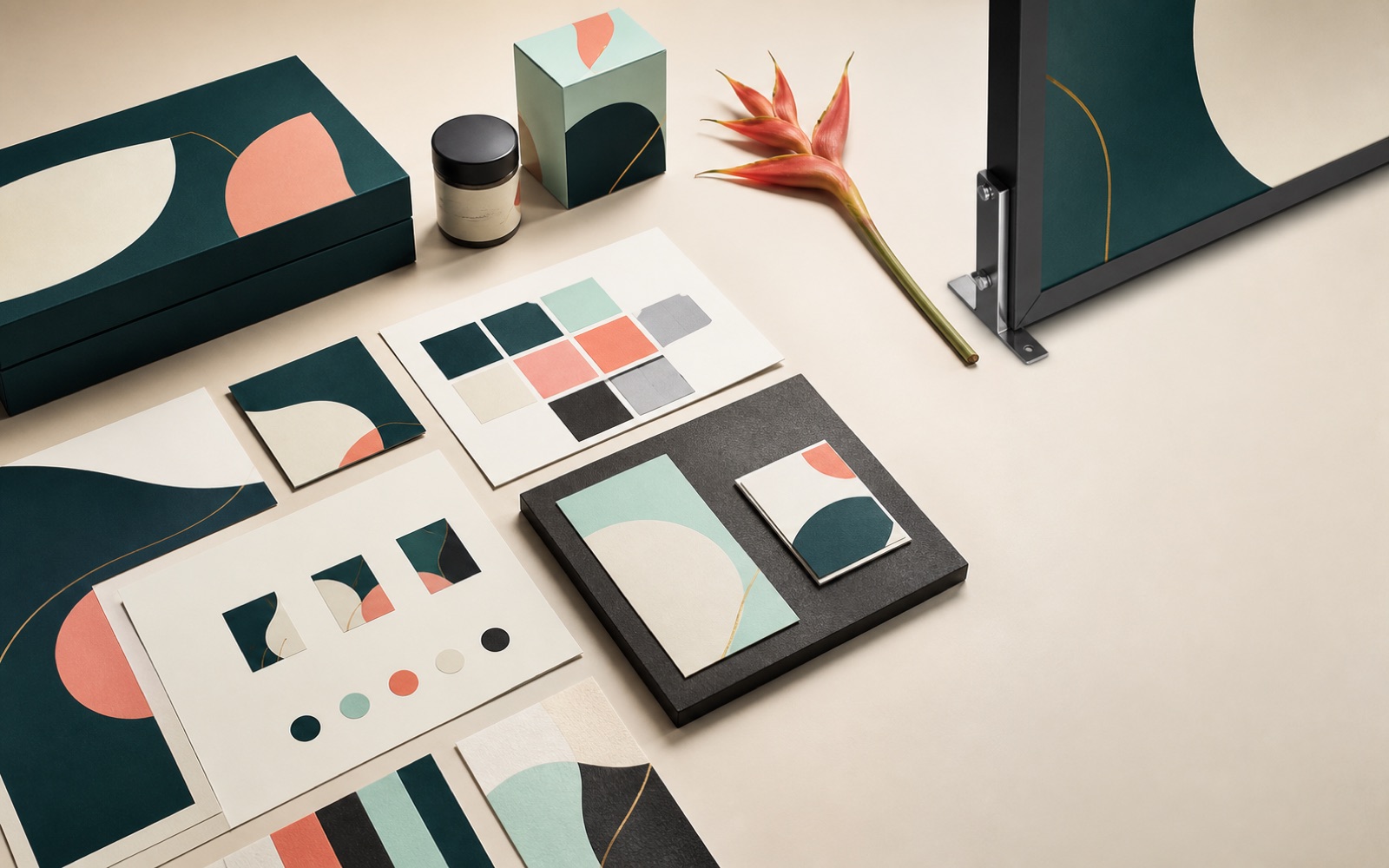 Brand identity system with printed materials, colour palette and signage