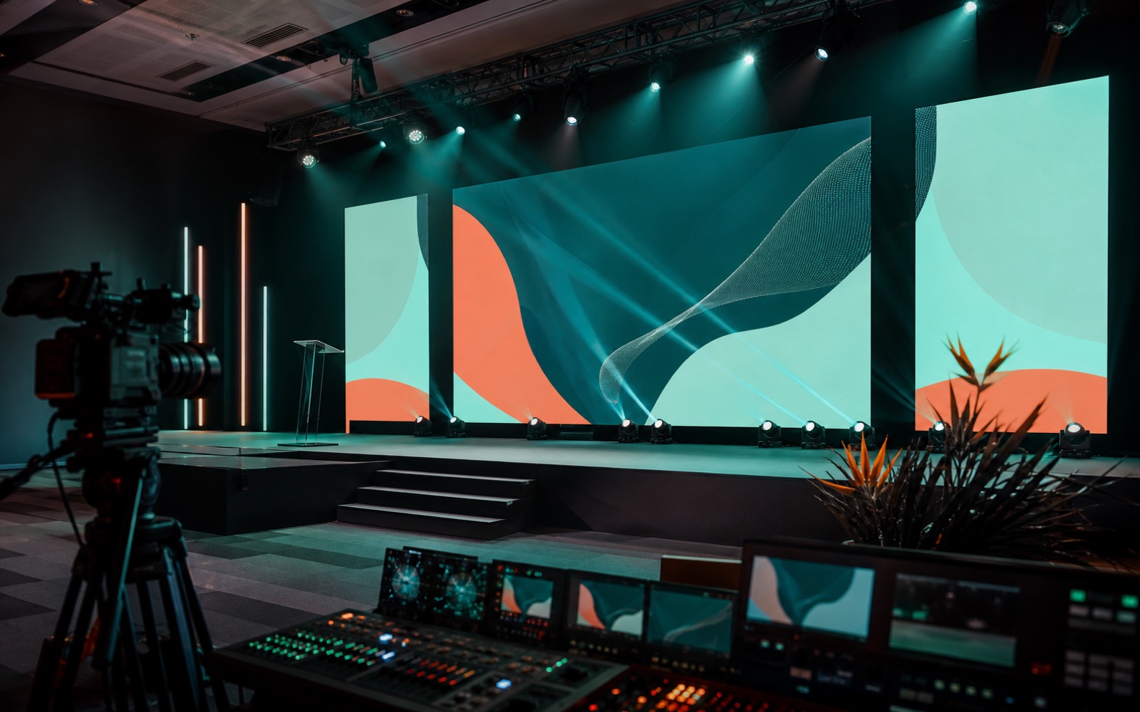 Corporate event stage, screens, cameras and production control